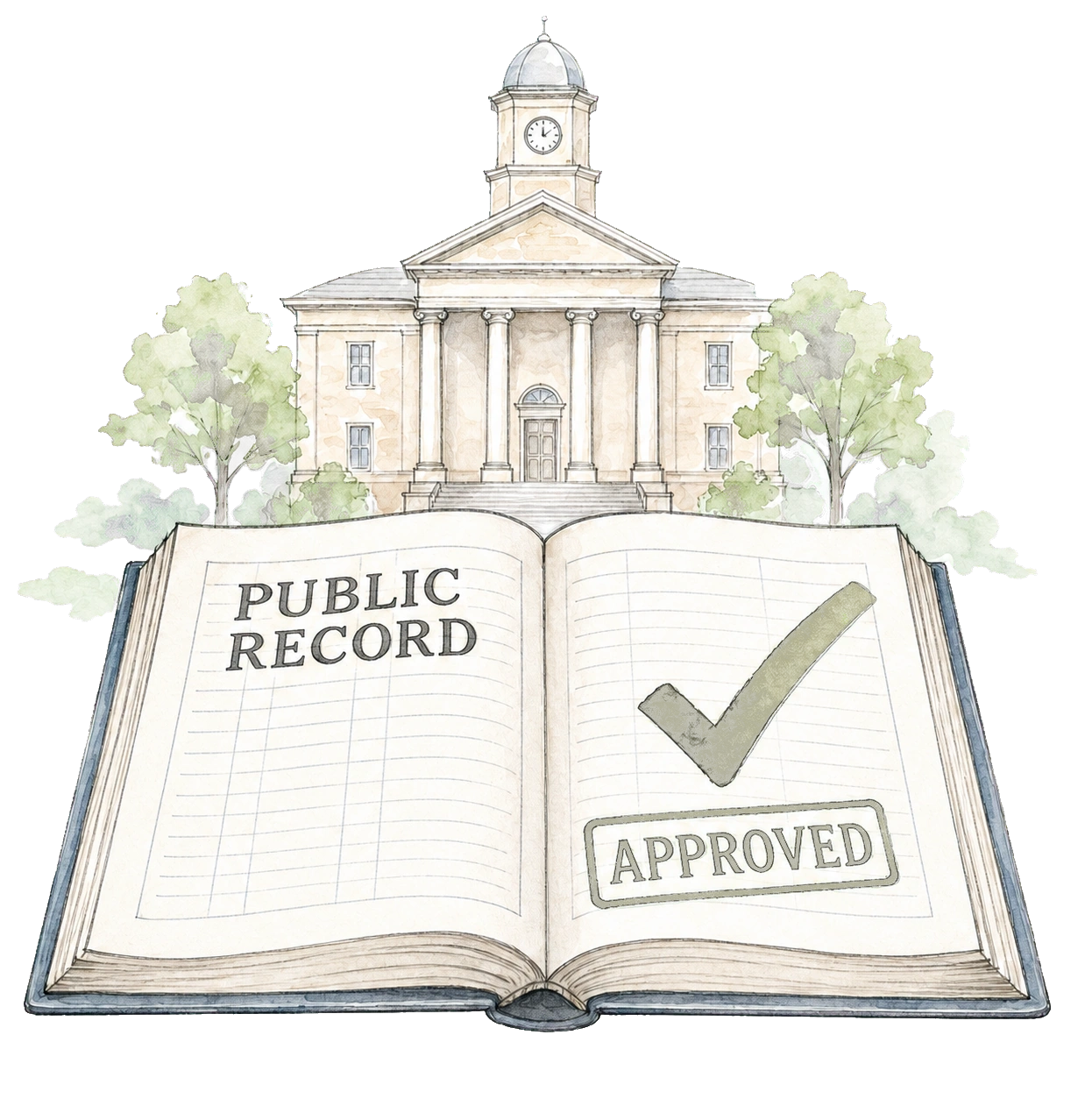 Approved public ledger with checkmark in front of a courthouse.