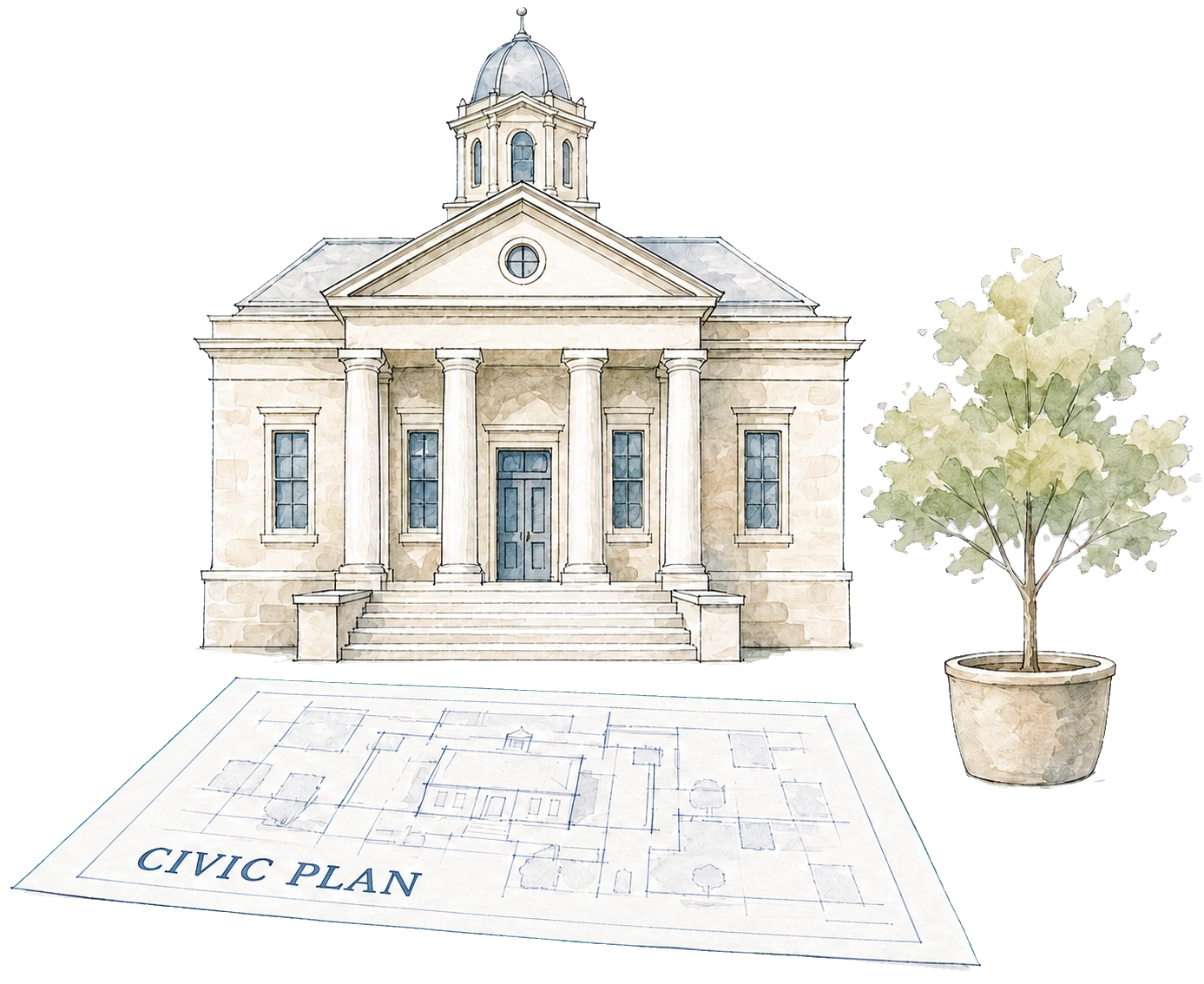 Civic building with trees, a planter, and a blueprint foreground.