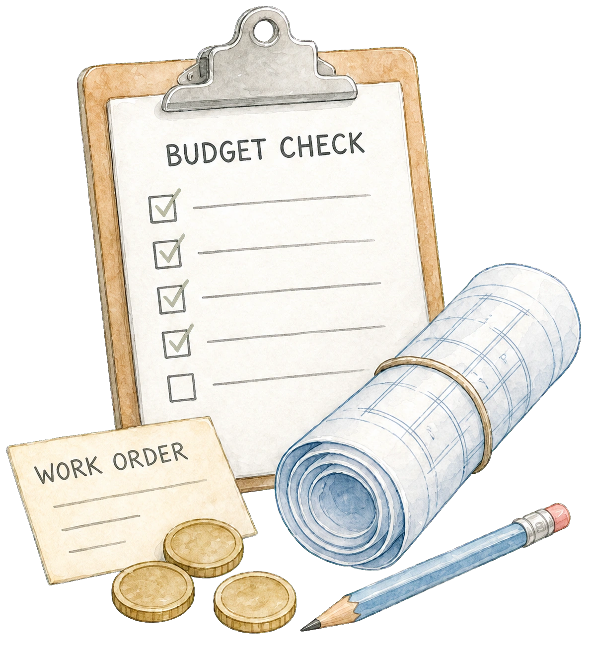 Construction spend checklist with coins and rolled plans.