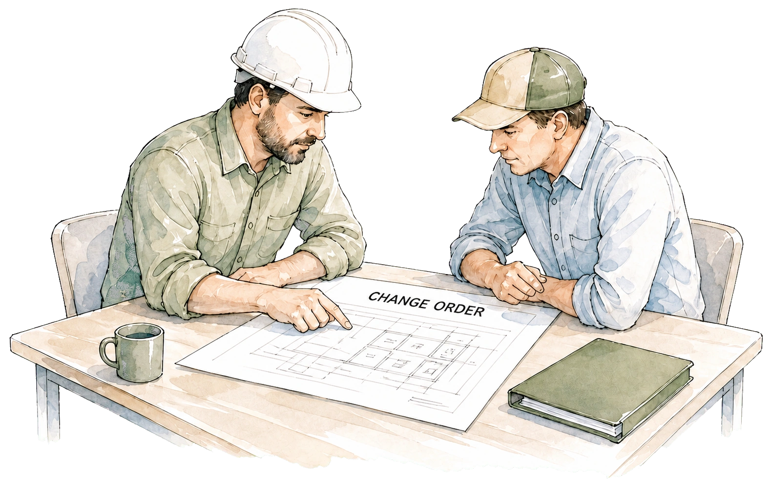 Contractors reviewing scattered documents at a table.