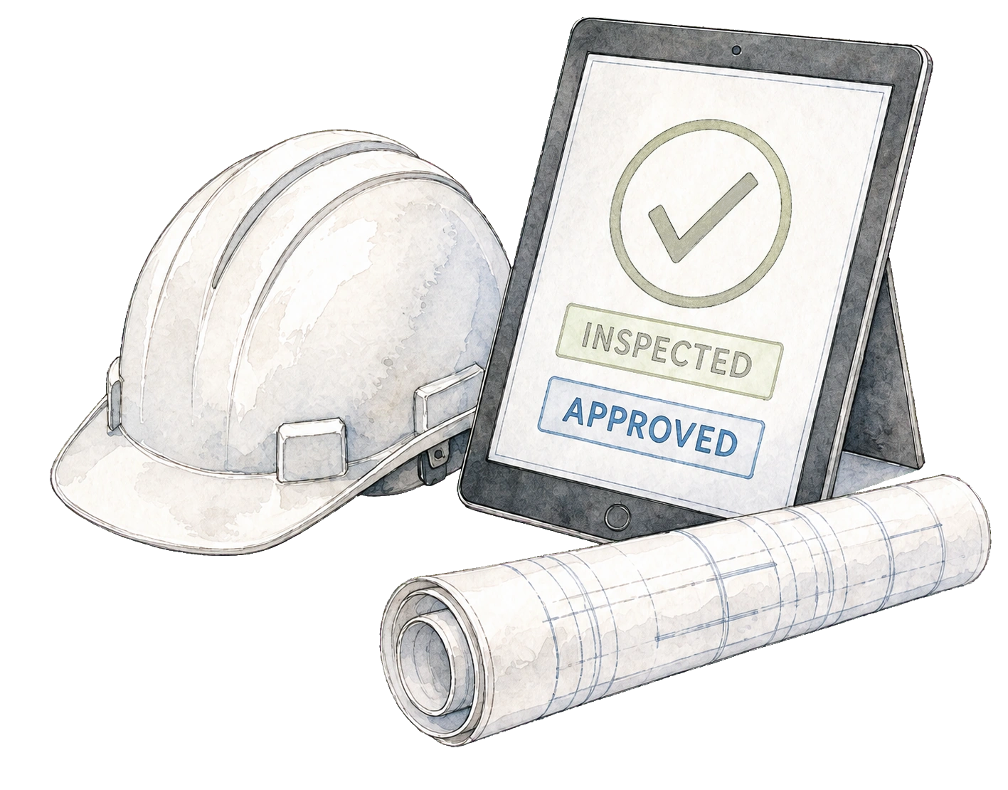 Hard hat, tablet, and blueprints for contractor status.