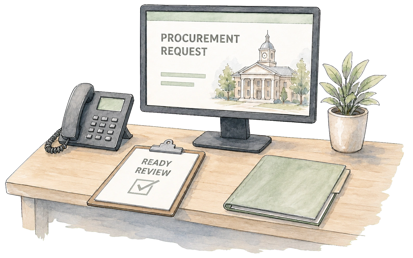 Procurement request desk with monitor, phone, and documents.