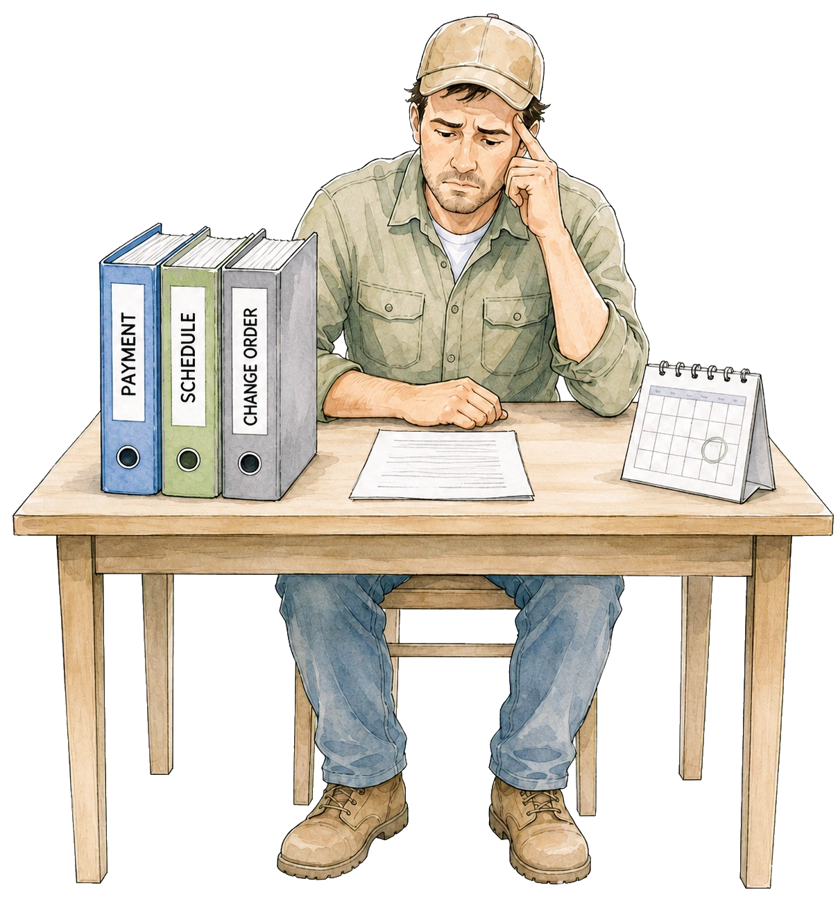 Worried contractor at a desk with binders and a calendar.