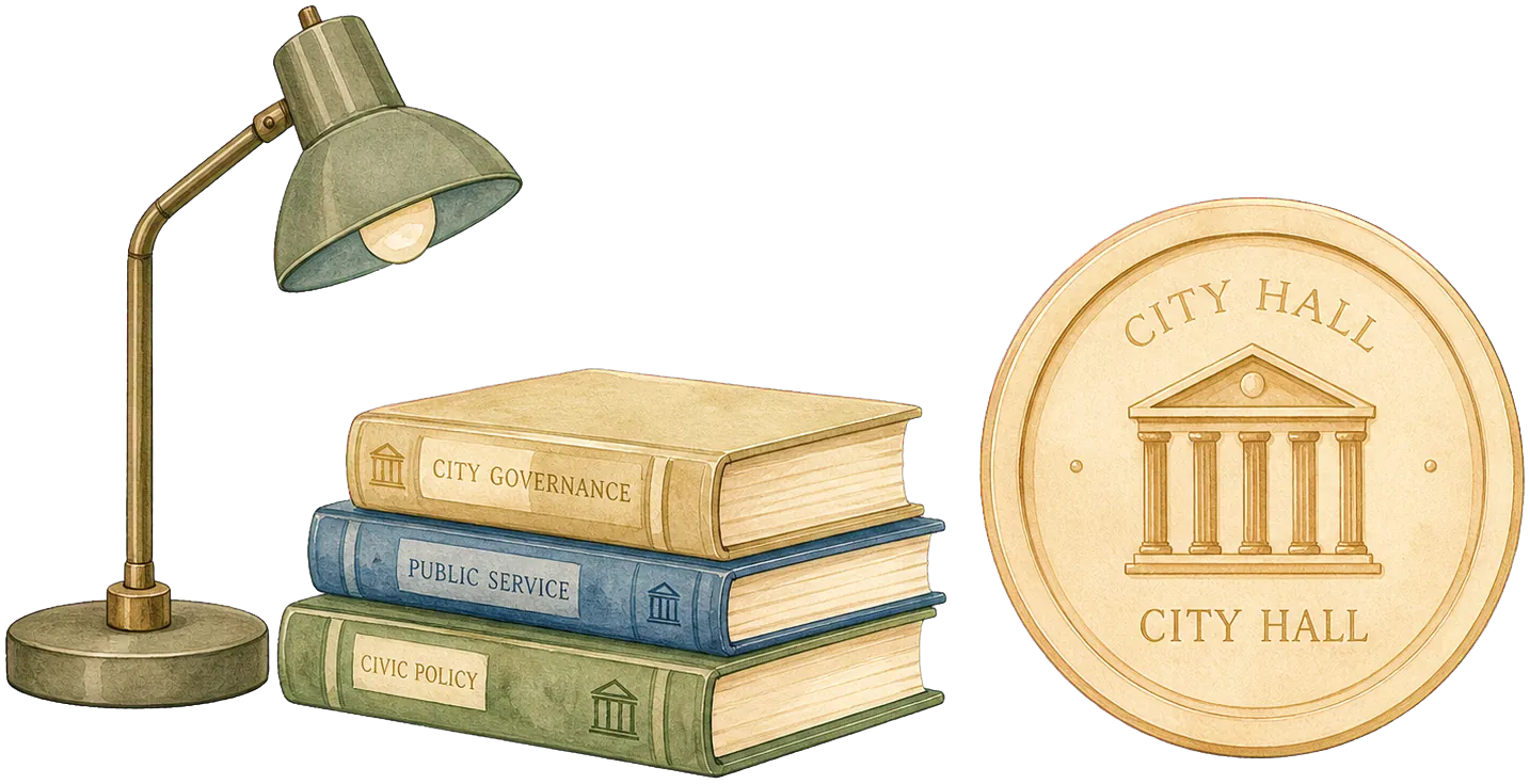 Books, lamp, and civic seal — town staff illustration.
