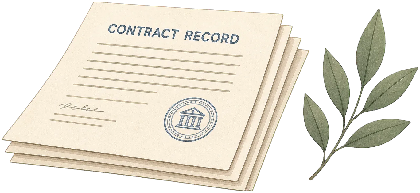 Stack of contracts and a small plant — public record illustration.