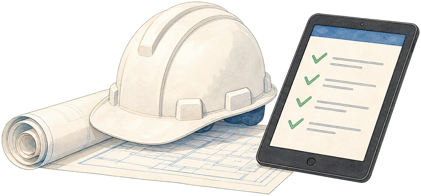 Hard hat, tablet, and folded plans — contractor illustration.