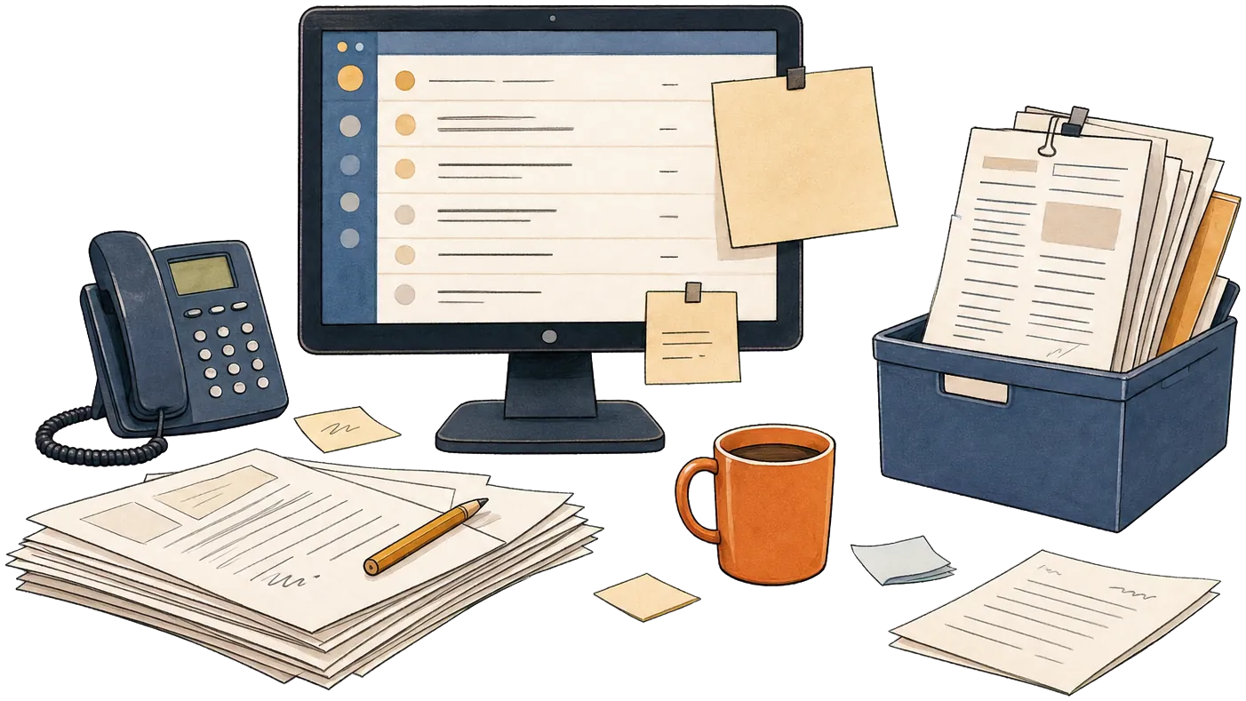Cluttered desk with scattered papers — fragmented workflow illustration.
