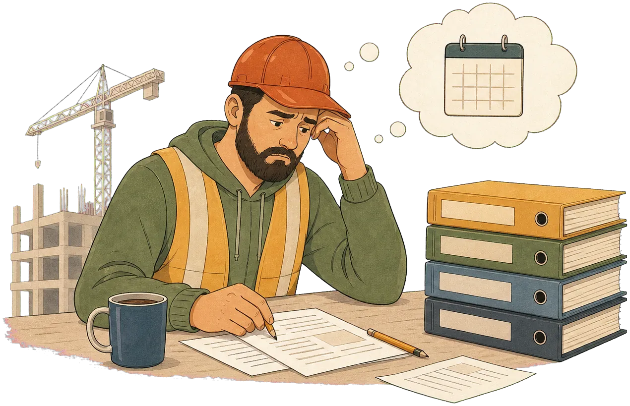 Worried contractor next to binders — payment friction illustration.