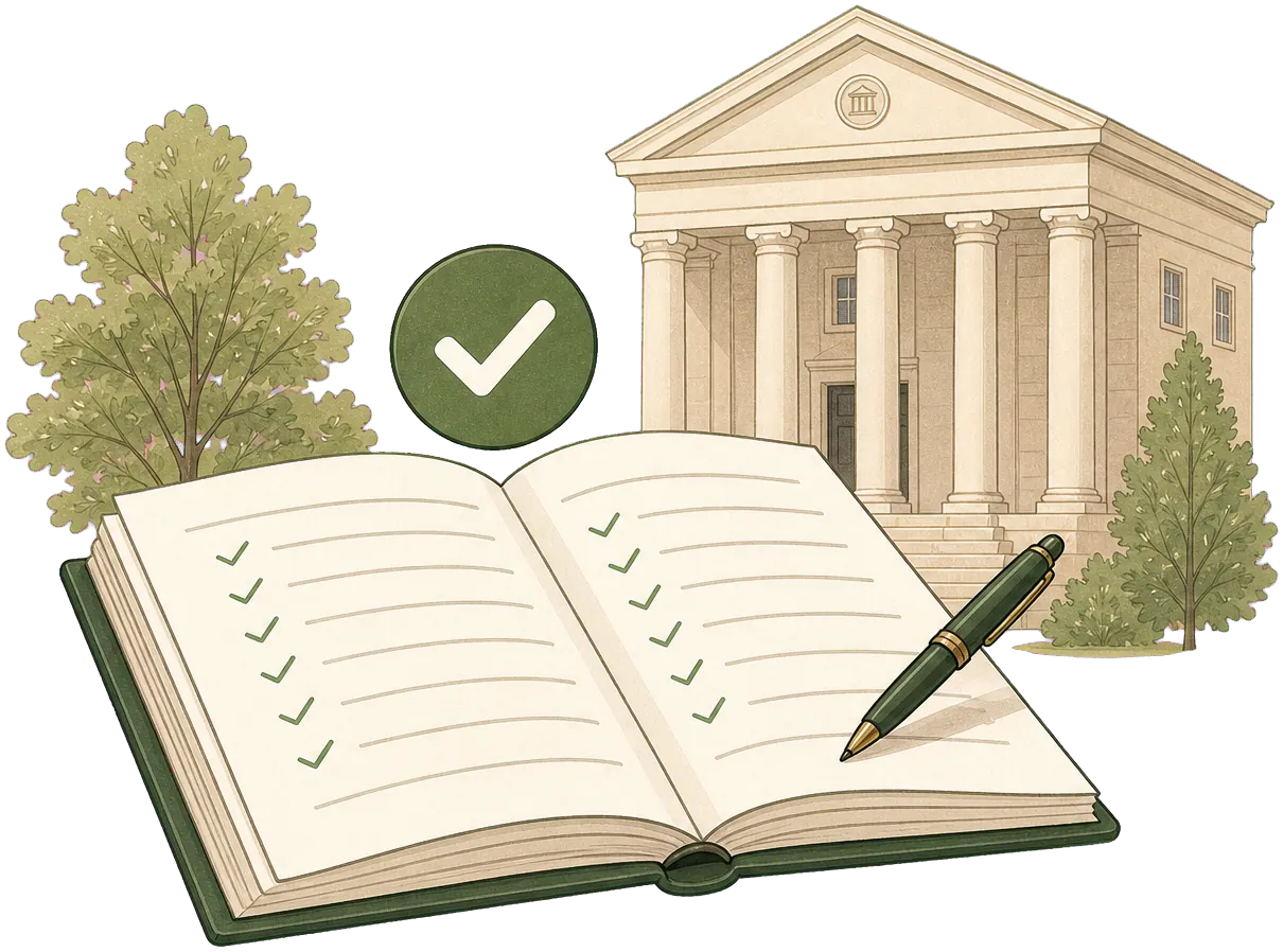 Open ledger with checkmark in front of a courthouse illustration.
