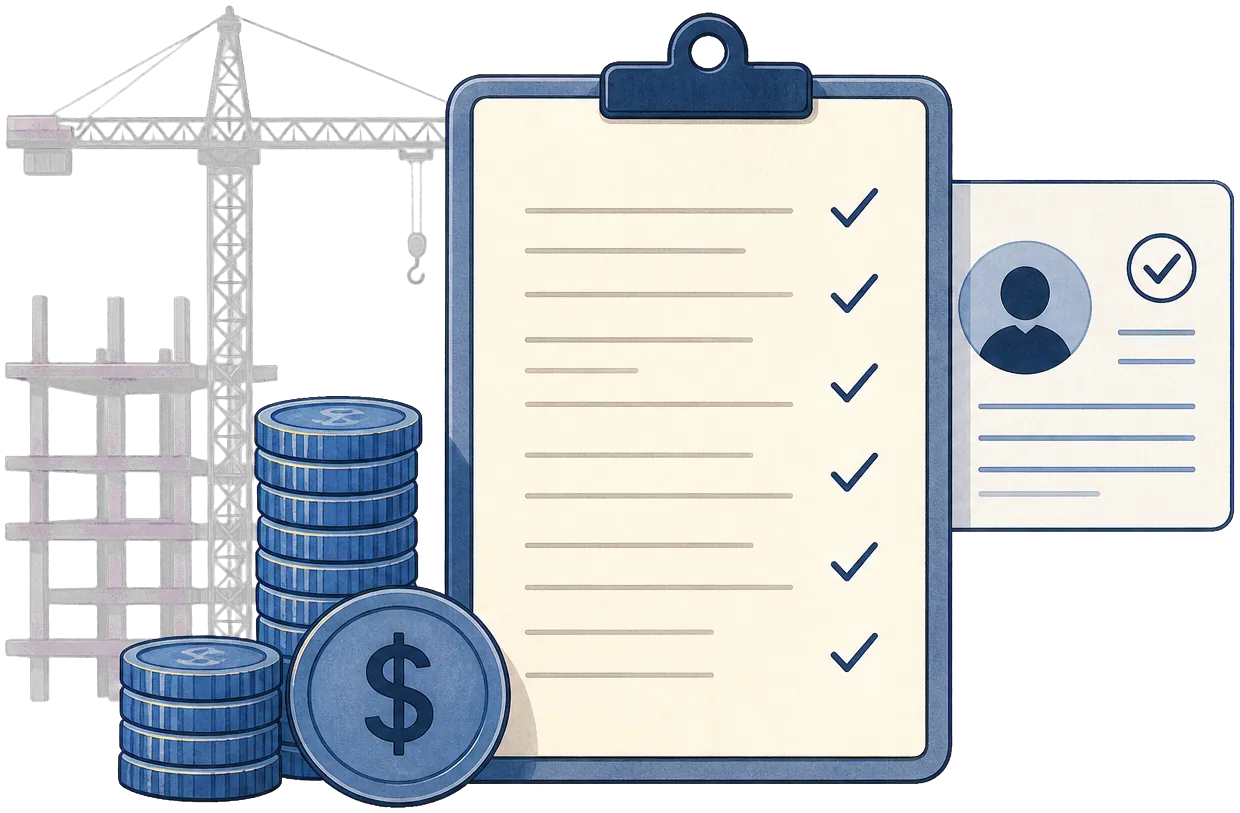 Clipboard with contract record and stacked coins illustration.