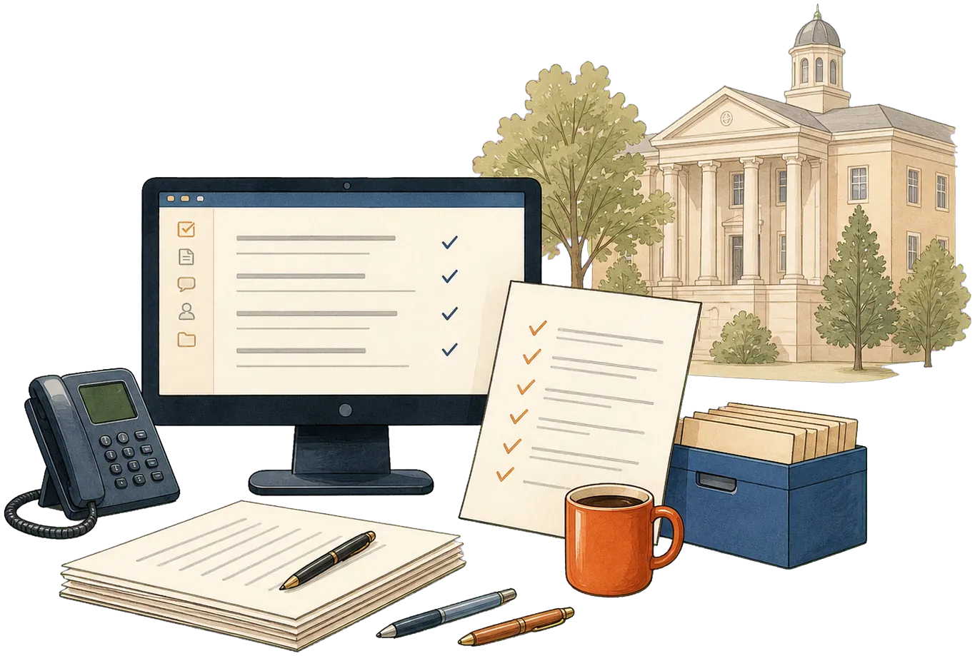 Request desk illustration with documents and a lamp.