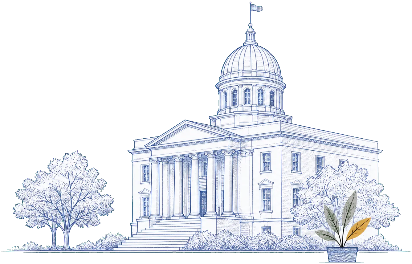 Line-art illustration of a courthouse with trees and a planter on a pale circular backdrop.