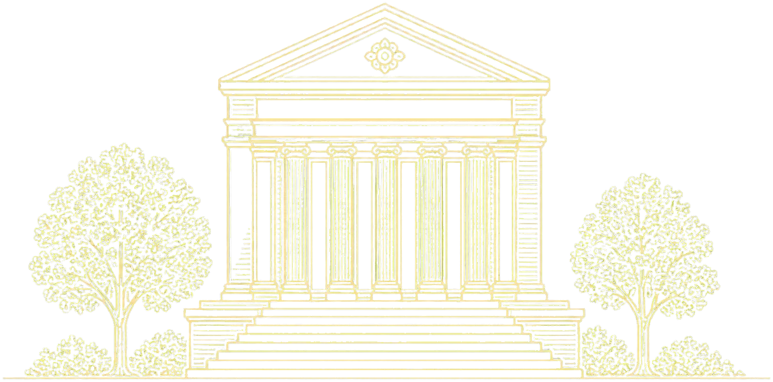 Faint courthouse and trees line-art decoration.
