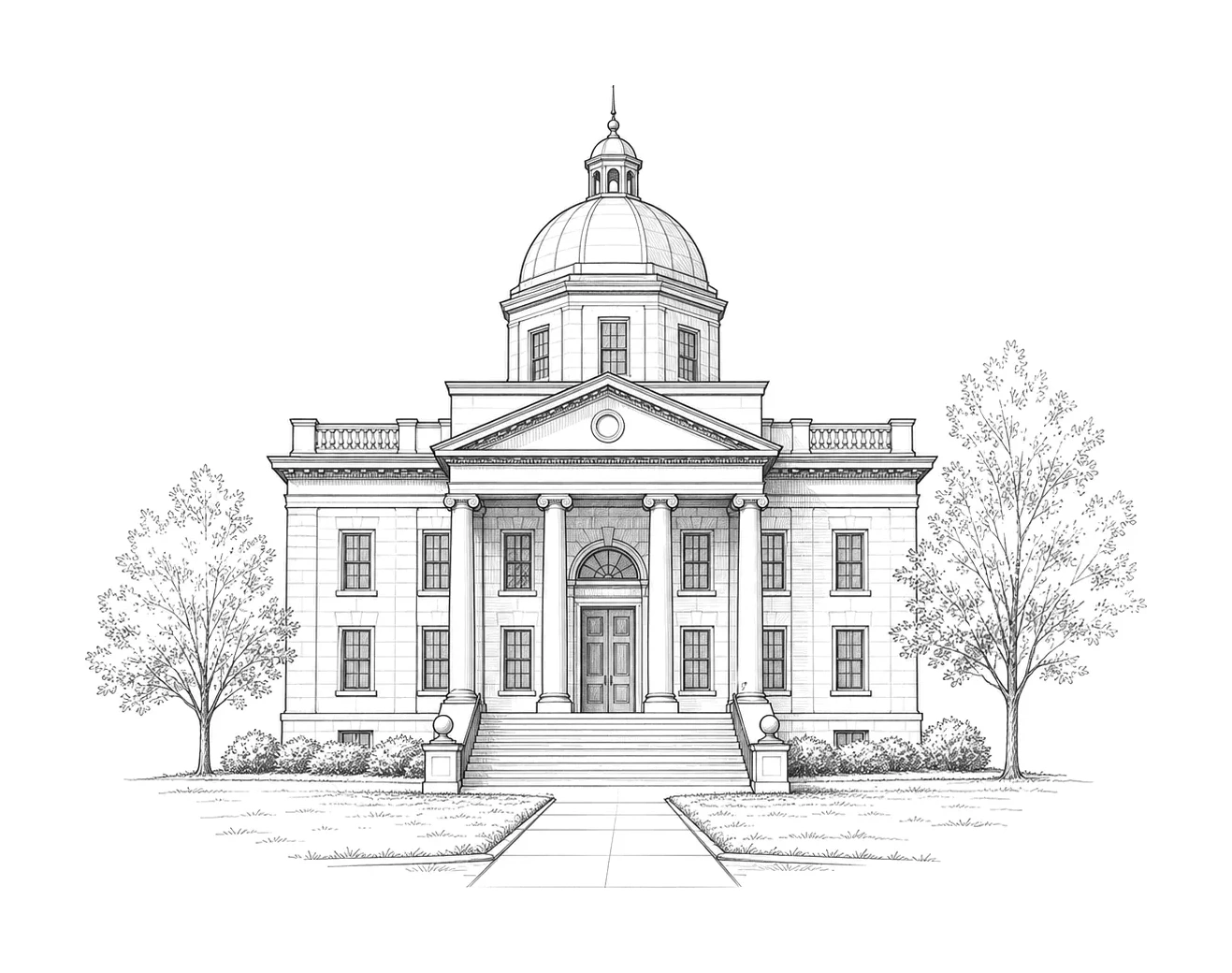 Faint town hall line-art decoration.